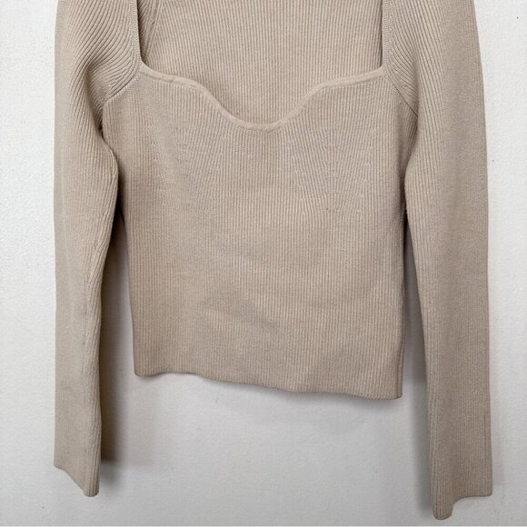Zara Womens Large Square Neck Ribbed Wool Sweater In Tan Color - Picture 4 of 14
